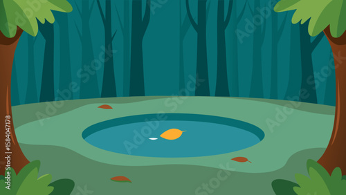 Quiet Forest Pool Surface Disturbed Only by Raindrops