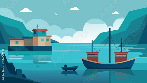 Sheltered Harbor with Fishing Boats Resting on Calm Sea Beauty