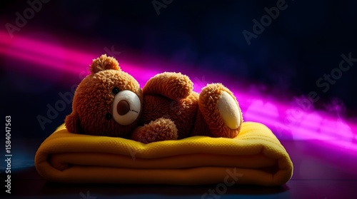 Volumetric lighting illuminates a brown plush teddy bear resting on a yellow folded baby blanket against a dark background. Vivid electric colors accentuate light beams piercing dust or fog