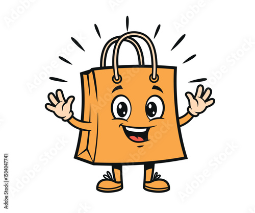 A vibrant and cheerful cartoon mascot in the form of a shopping bag, depicted with a wide, happy smile & open arms, radiating joy & enthusiasm. This design is perfect for illustrating concepts related