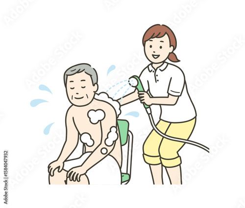 入浴介助をする介護士とシャワーを浴びる高齢男性の上半身イラスト
