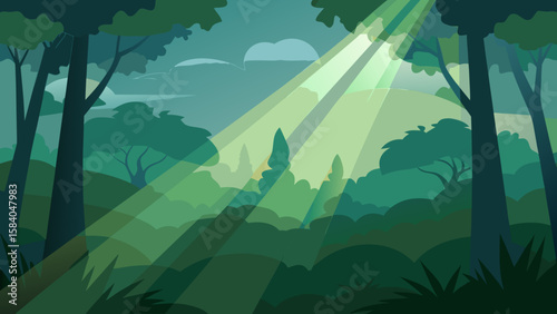 Golden Sunbeams Piercing The Dense Canopy Of A Humid And Misty Green Rainforest