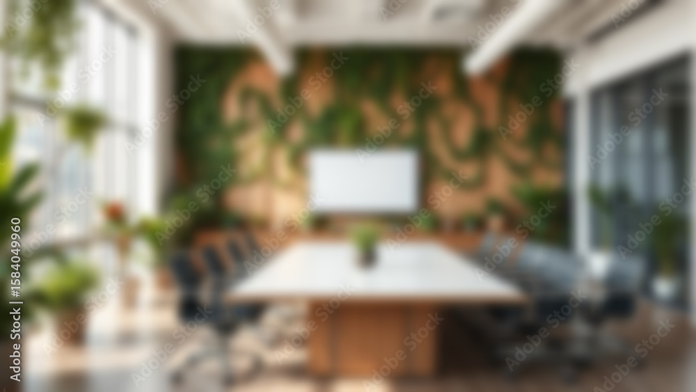 Fototapeta premium Blur background of office interior with large windows with city urban view, plants, and wooden desks at sunset. Modern workplace and urban greenery concept. Design for poster, wallpaper. Spate.