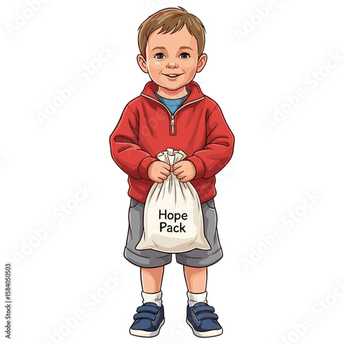 Illustration of a Smiling Boy Holding a Hope Pack Bag for Charitable Projects Illustration