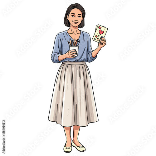 Happy Artist Woman Holding Drawing and Pencils for Creative Projects Illustration