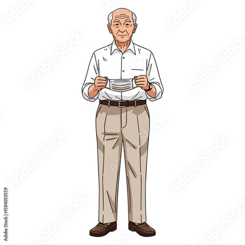 Senior Man Holding Face Mask Illustration for Health Awareness and Protection Concept