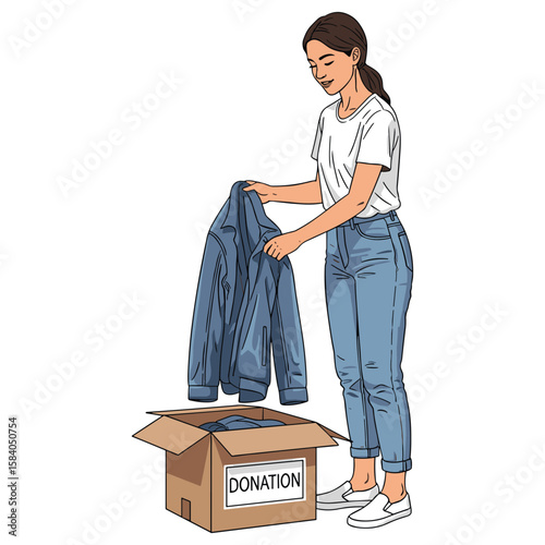 Woman donating clothes to charity, volunteering effort, community support project, generosity