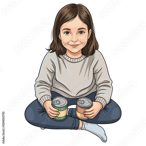 Young Girl Sits Holding Canned Goods Illustration for Food Drive and Charity Campaigns Artwork