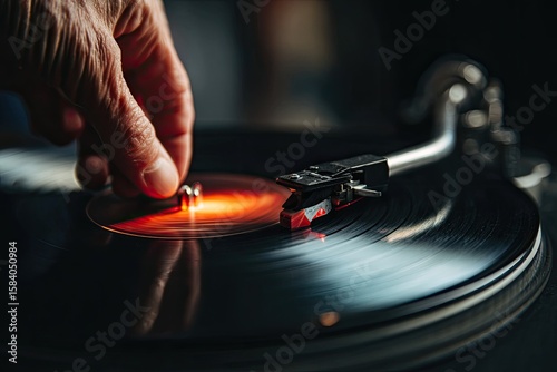 Hand placing stylus on spinning vinyl record