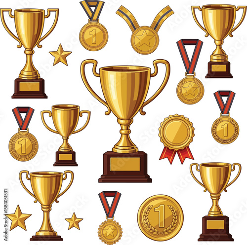 Golden Trophies and Medals Set with Stars - Awards for Champions Vector