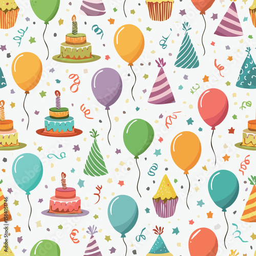 Colorful birthday party pattern featuring cakes, balloons, party hats, and confetti.