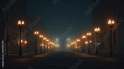 Foggy city street at night