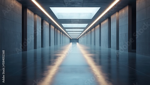 Modern Futuristic Empty Floor And Room Sci-Fi Corridor With Led Lighting For Displaying Products In High-Tech Interior Render