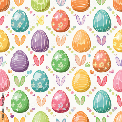 Seamless pattern featuring colorful decorated Easter eggs and bunny ears on a white background.