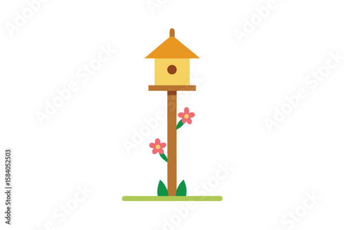 Flat Style Birdhouse On Pole With Floral B
