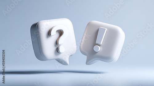 Two floating white speech bubbles, question mark and exclamation mark