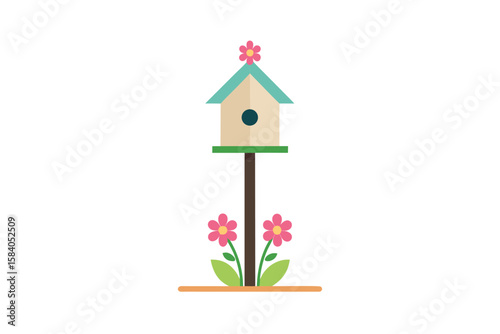 Flat Style Birdhouse On Pole With Floral B