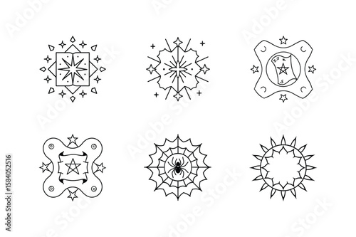 Mandala set of spell book spell scroll spider and spiked collar Halloween mandala Vector illustration