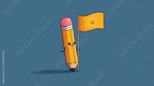 Cute pencil holding a sun flag on a muted background
