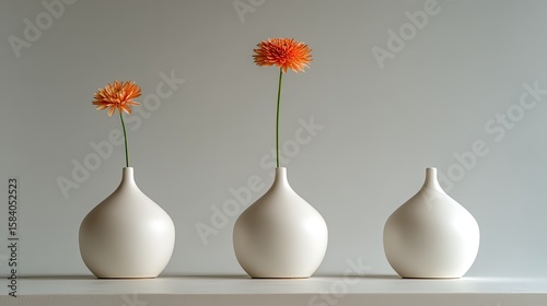Three white vases, two with orange flowers
