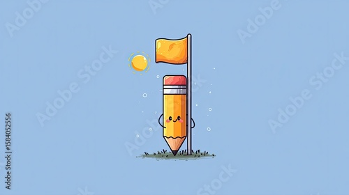 Cute pencil with flag, sun, and grass
