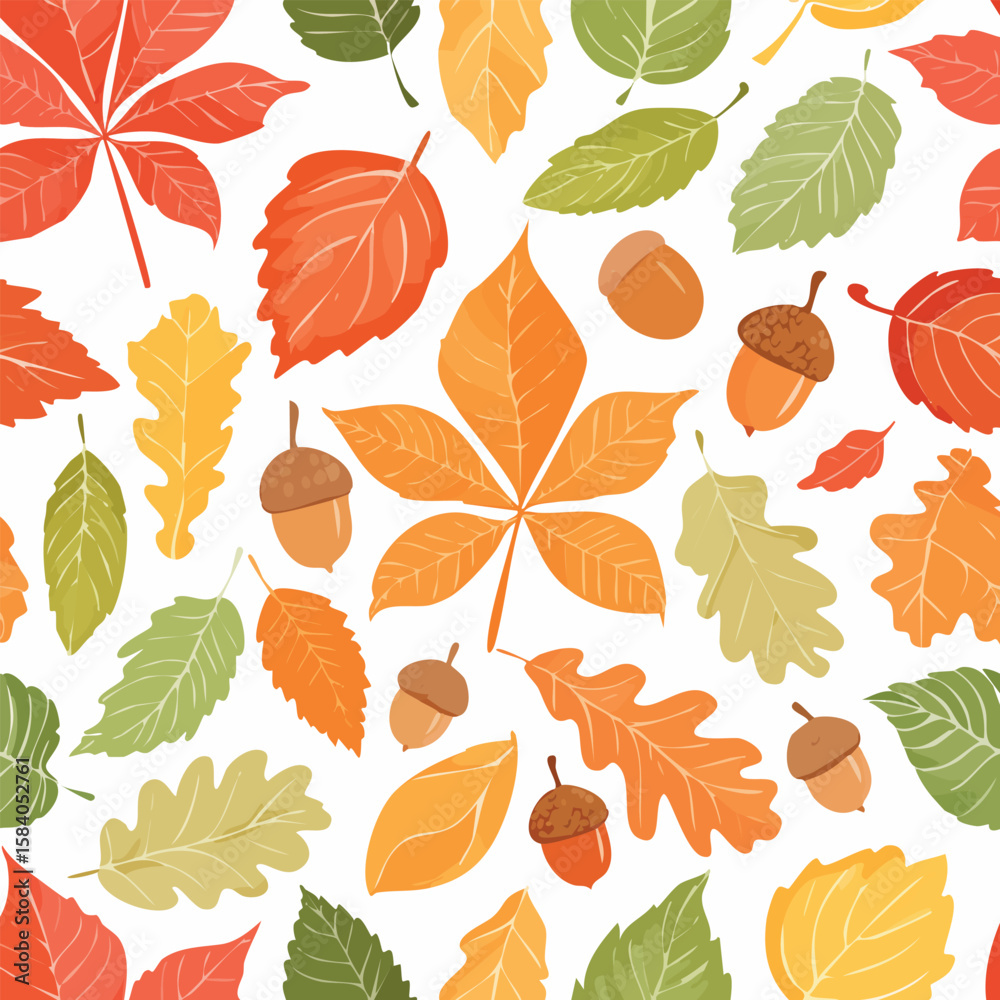 Fototapeta premium Colorful autumn leaves and acorns scattered across a white background, creating a pattern.