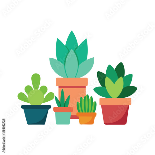 Flat Collection Of Succulents In Cartoon Po