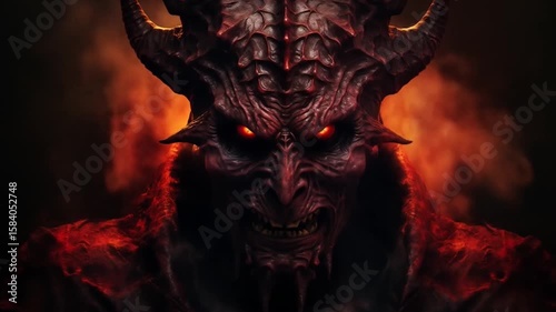 Demonic creature with horns and glowing eyes emerging from fiery hellish landscape with red atmospheric lighting