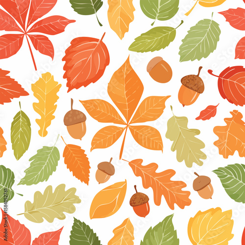 Colorful autumn leaves and acorns scattered across a white background, creating a pattern.