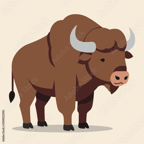Brown bison cattle with horns standing. American buffalo animal. Simple flat style vector illustration