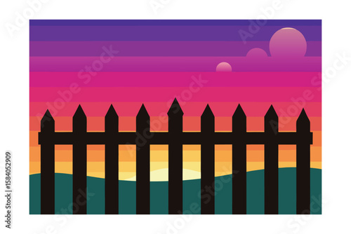 Fence In Silhouette Style Over Multicolor Dawn Sk