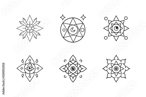 Mandala set of cracked mirror crystal ball cursed book and medallion Halloween mandala Vector illustration