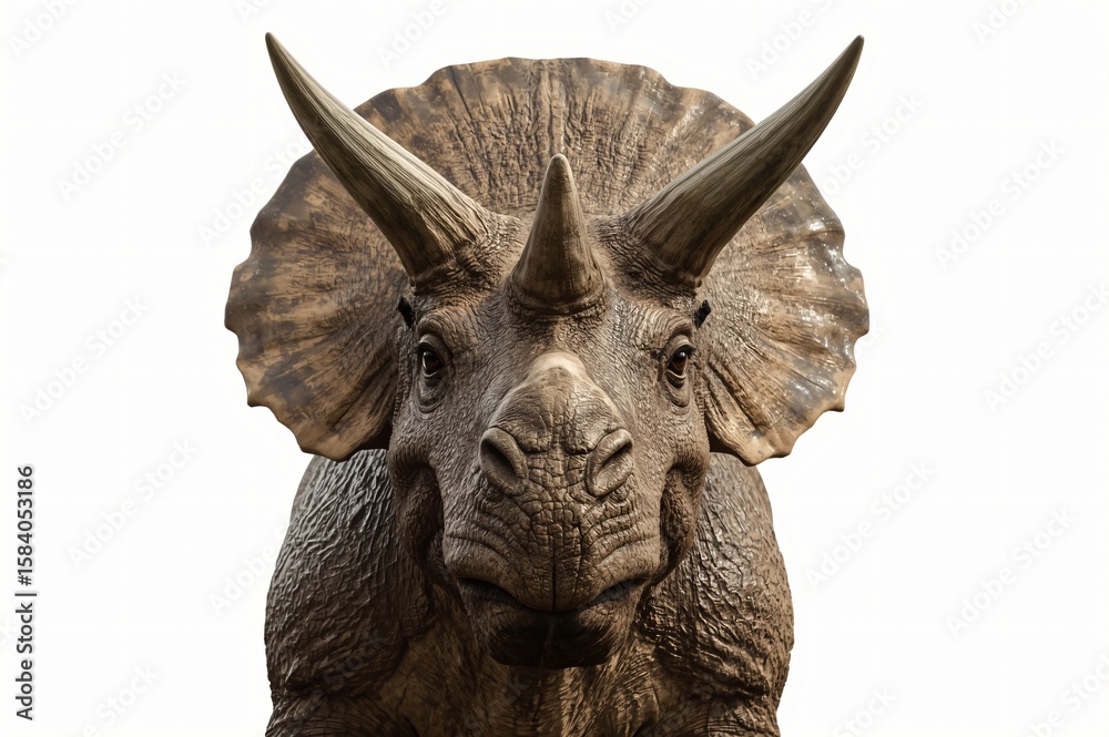 Fototapeta premium Triceratops model, front view, isolated, museum exhibit
