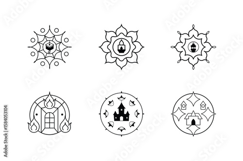 Mandala set of cursed music box ghost lantern haunted doorway and house Halloween mandala Vector illustration