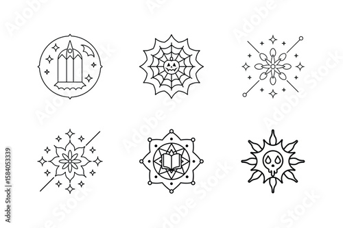 Mandala set of gothic window jack o lantern spellbook wand and skull Halloween mandala Vector illustration