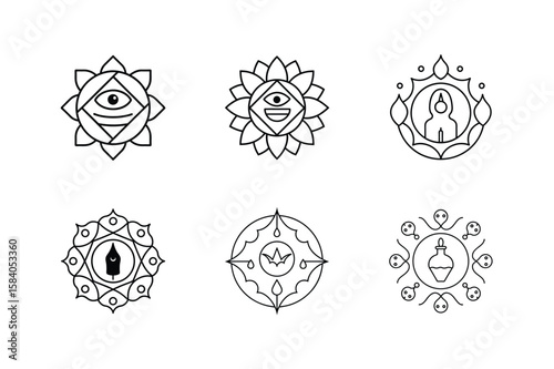 Mandala set of mummy face hooded figure potion bottle and vampire fangs Halloween mandala Vector illustration