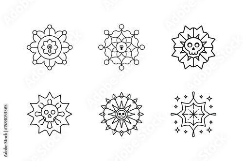 Mandala set of skeleton key mask skull at center and spell book Halloween mandala Vector illustration