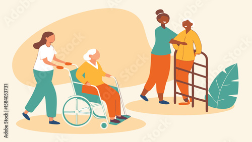 Caregivers assisting elderly individuals with mobility aids assistance wheelchair