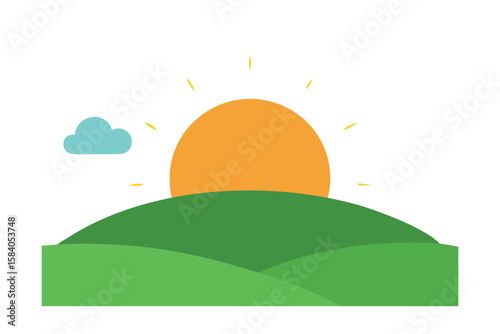 cartoon sun rising behind a grassy hill m