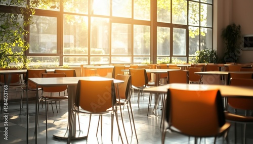 Dining Table And Chair Vacant In The Interior Of A Canteen Or Cafeteria Hall. The Setting Appears To Be Deserted.