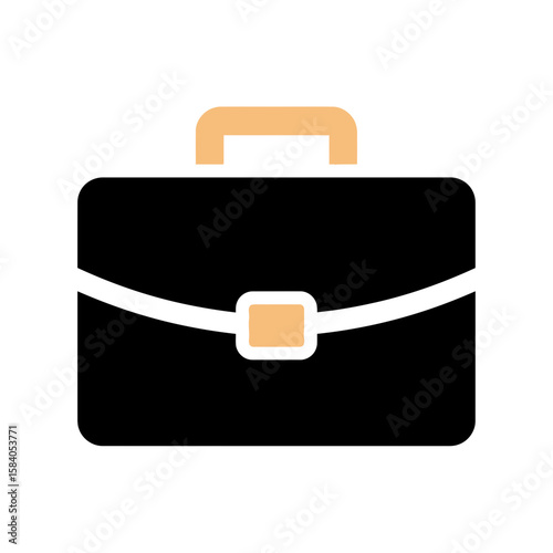 Black briefcase with tan handle and closure isolated on a white background.
