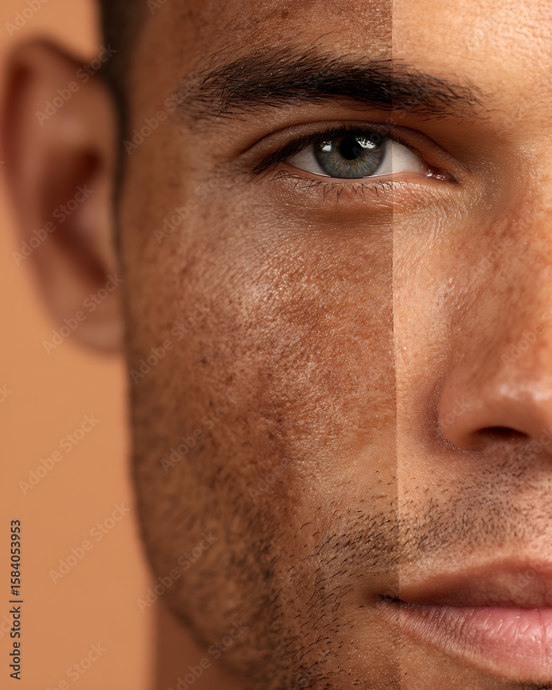 Obraz premium Comparison of a man's tanned face, which used to be shiny, turned into a healthy matte skin after using oil control products.
