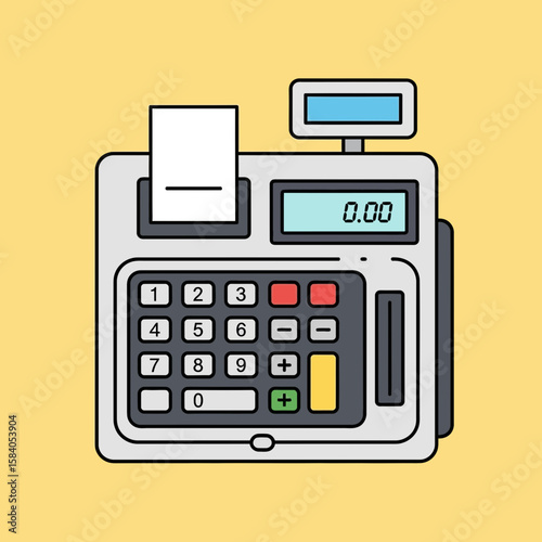 Illustration of a gray cash register with a receipt on a yellow background.