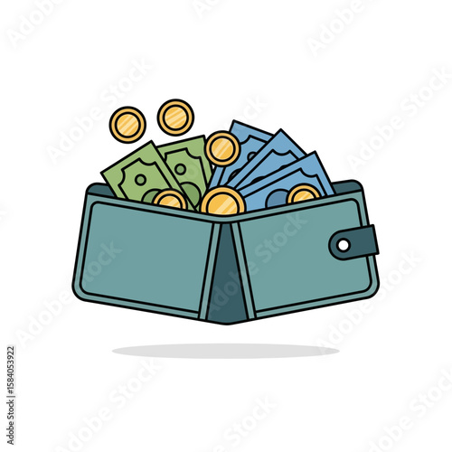 Wallet overflowing with money bills and coins illustration on white background.