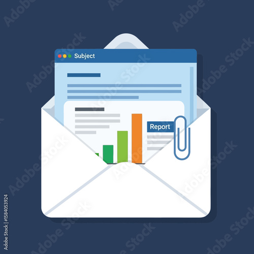 Email with report and attachment icon on blue background flat illustration.