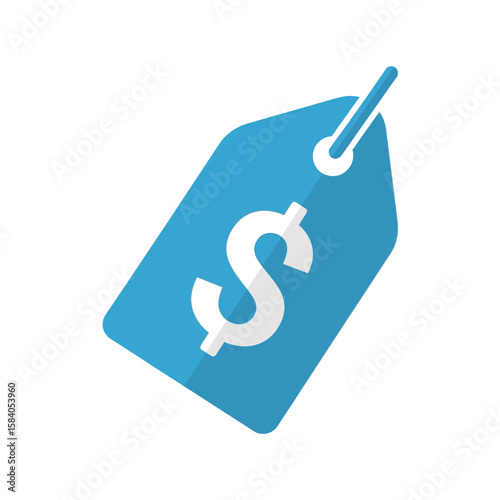 A blue price tag with a dollar sign on a white background.