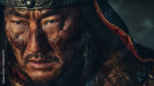 Weathered Mongol khan with battle scars and traditional steppe armor displaying fierce determination reflecting decades of conquest across vast Asian territories