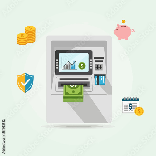 ATM machine with money coins piggy bank and security shield icons around.