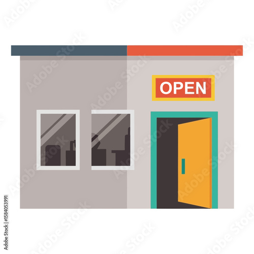Cartoon storefront with open door and open sign in a flat style.