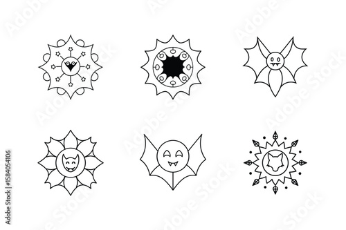 Mandala set of vampire cape face werewolf head and bat wing cloak Halloween mandala Vector illustration